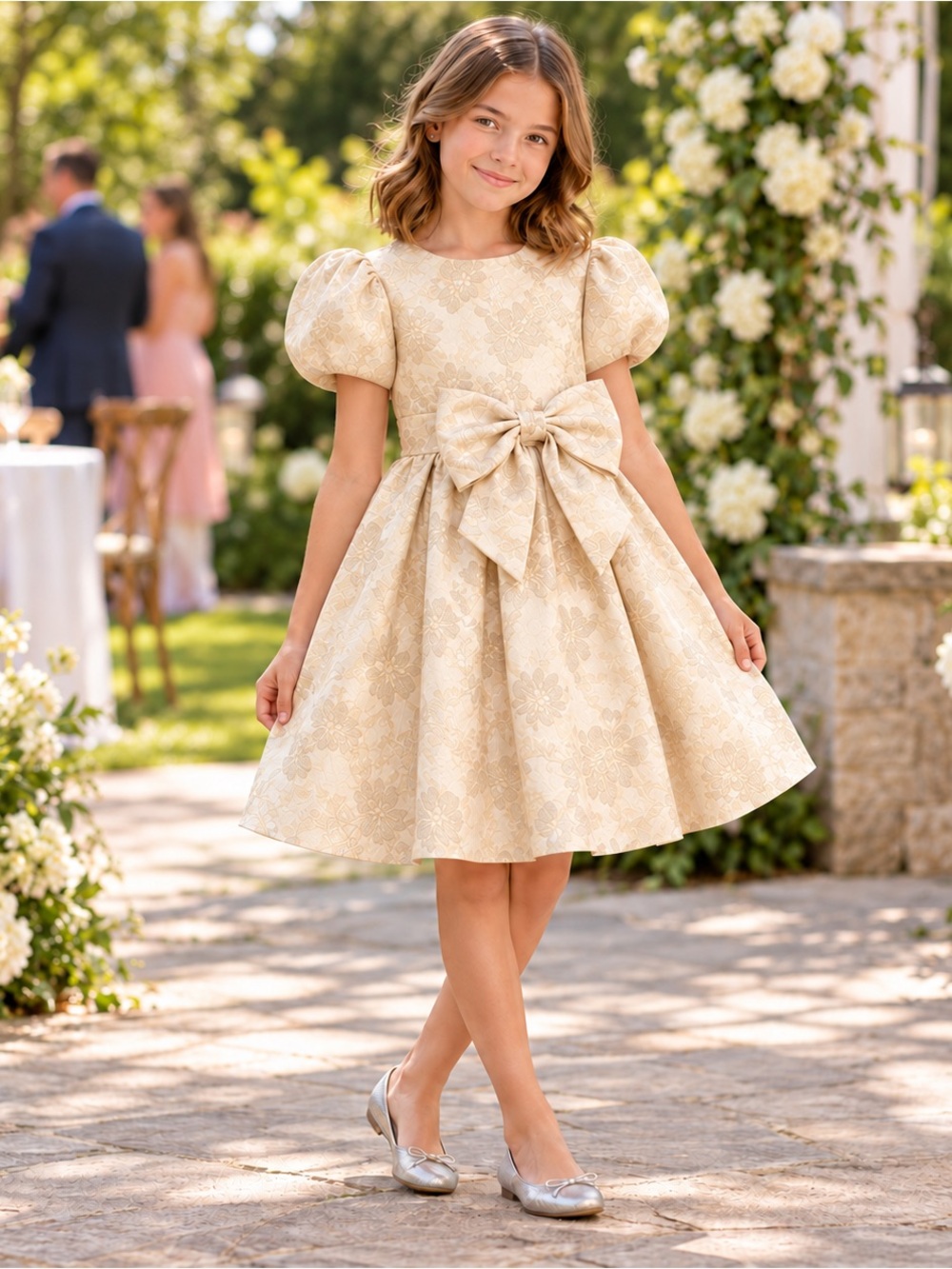 KIDS Rare Editions Girls Metallic Brocade Puff Sleeve Bow Party Dress Size 14